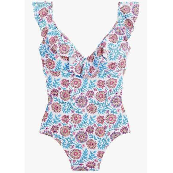 J. Crew Ruffle V Neck One Piece Swimsuit Floral Vine Block Print Sz 12 Pink Blue - Picture 1 of 14